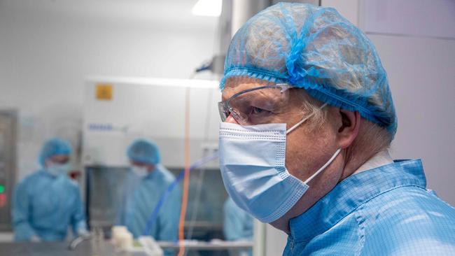 British Prime Minister Boris Johnson visits Oxford BioMedica where the Oxford/AstraZeneca Covid-19 vaccine is being manufactured on Monday. Picture: AFP