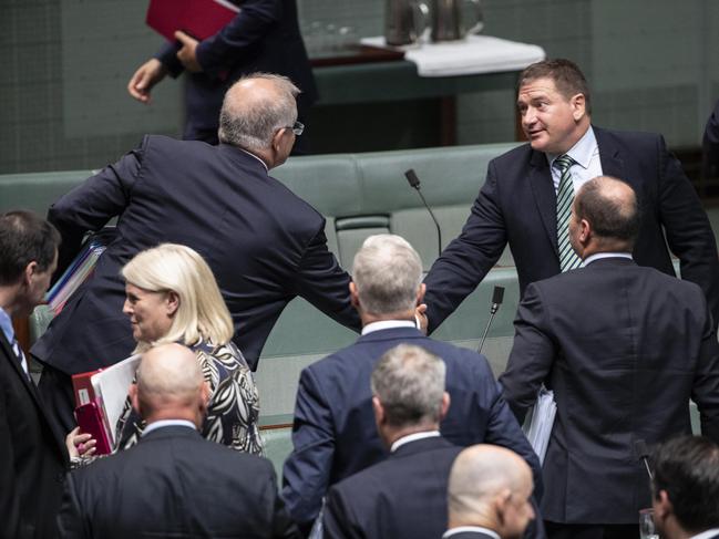 Scott Morrison congratulated Queensland MP Llew O'Brien as the new Deputy Speaker in the House of Representatives. Picture: Gary Ramage