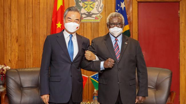 Solomon Islands Prime Minister Manasseh Sogavare meets with visiting Chinese Foreign Minister Wang Yi in Honiara. Picture: Getty Images.