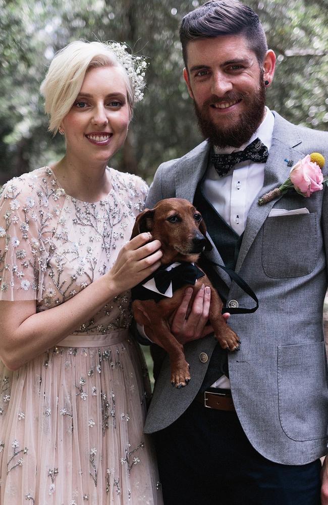 Belle and Matt Hurley and their ring bearer Basil at their 2017 wedding at Lilyvale. Picture: Michelle Fiona                        <a class="capi-image" capiId="50c1dee88b2a58cad444ef08f8eb4181"></a>