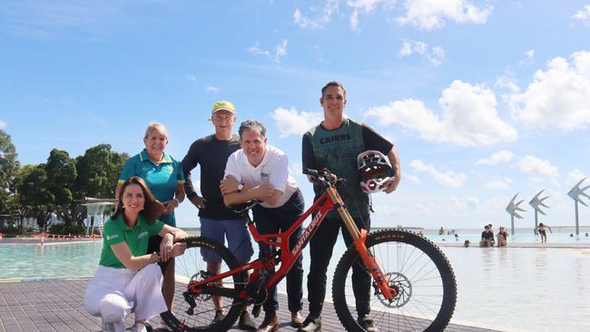 Cairns Mayor Amy Eden, Sharon Anderson from the over 65 Australian hockey team, swimmer Ted Bunt, who is competing in the Great Barrier Reef Masters Games, TTNQ CEO Mark Olsen, and Nathan Weiss who is competing in the UCI Masters Mountain Bike World Championships.