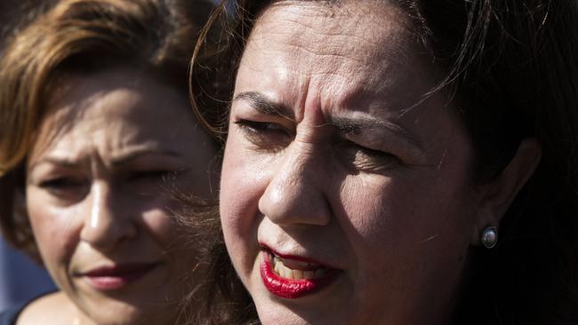 Queensland Premier  Annastacia Palaszczuk and Queensland Deputy Premier Jackie Trad are seen speaking to media at the Greek Paniyiri Festival in Brisbane, Sunday, May 19, 2019. (AAP Image/Glenn Hunt) NO ARCHIVING