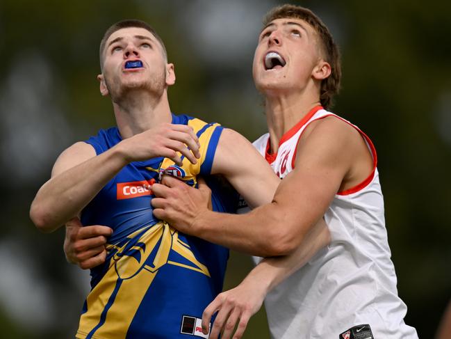 Lucas Impey of the Jets and Caleb May of the Swans compete in the ruck during the round one Coates Talent League.(Photo by Morgan Hancock/AFL Photos/via Getty Images)