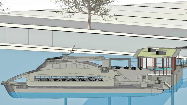 Concept design of Derwent Ferry coming in to dock at the proposed new terminal site at Lords Beach, Sandy Bay. Picture: Hobart City Council