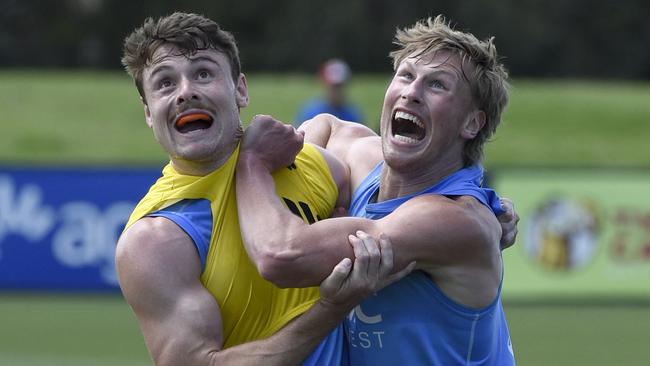 Harry Boyd and Max Heath at St Kilda training. Picture: Andrew Henshaw