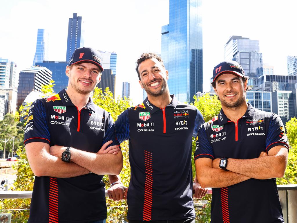 Ricciardo rejoined as Red Bull’s third driver, alongside champion Max Verstappen (L) and backing up Sergio Perez (R). Picture: Getty