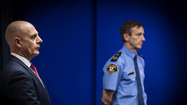 Premier Peter Gutwein and State Controller, Commissioner Darren Hine at a coronavirus press conference on the 19th August 2020. Picture: LUKE BOWDEN