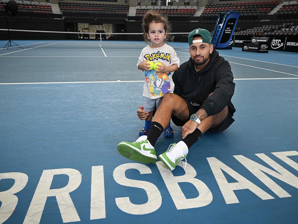 Nick Kyrgios and two-year-old nephew George Kyrgios has announced he is to play in the upcoming Brisbane International 2025 tennis tournament at the Queensland Tennis Centre. Picture: Lyndon Mechielsen