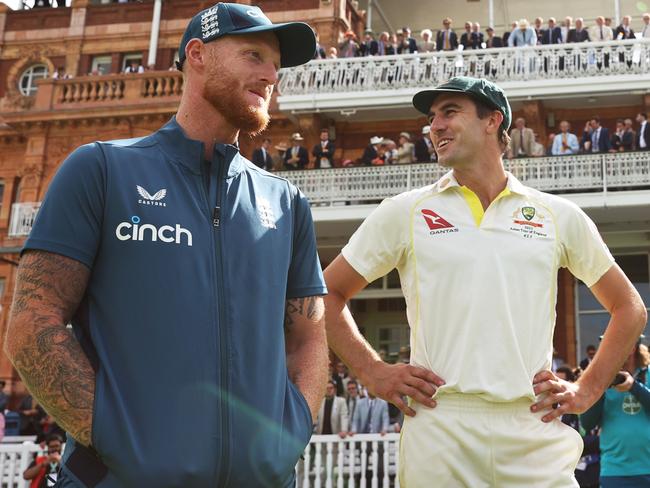 Ben Stokes and Pat Cummins shares words at Lord's after the controversial second Ashes Test. Picture: Ryan Pierse/Getty Images