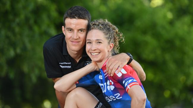 The highest ranking women's Cyclist Cecilie Uttrup Ludwig (FDJ Suez) with partner and cyclist in the TDU, Miles Scotson (Arkea), who is from South Australia. Picture: Keryn Stevens