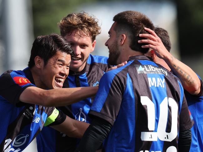 Hiroki Sakai celebrates Auckland FC’s first goal in the A-League. Picture: Getty Images