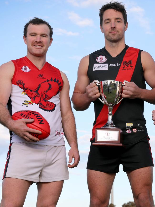 Michael Smith (right) with Flagstaff Hill co-captain Michael Shearer before last season’s grand final. The Emus lost to the Falcons but will have another chance this Saturday. Picture: Dean Martin