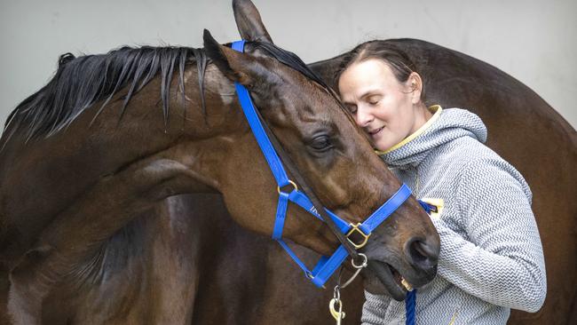 Groom Emilie Seigle attends to Absurde after Sunday mornings workout in preparation for the 2024 Melbourne Cup at Flemington. Picture: Darren Tindale Photography