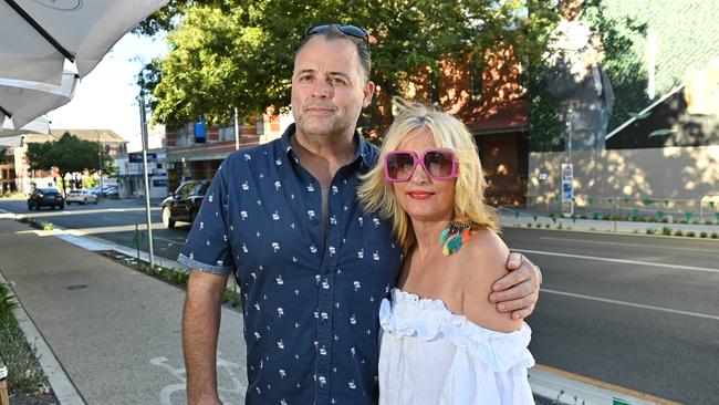 Friends Marco Furlan and Dimi Athen in front of the new bike lane on Frome Rd, which has eliminated an extra lane for cars. Picture: Keryn Stevens