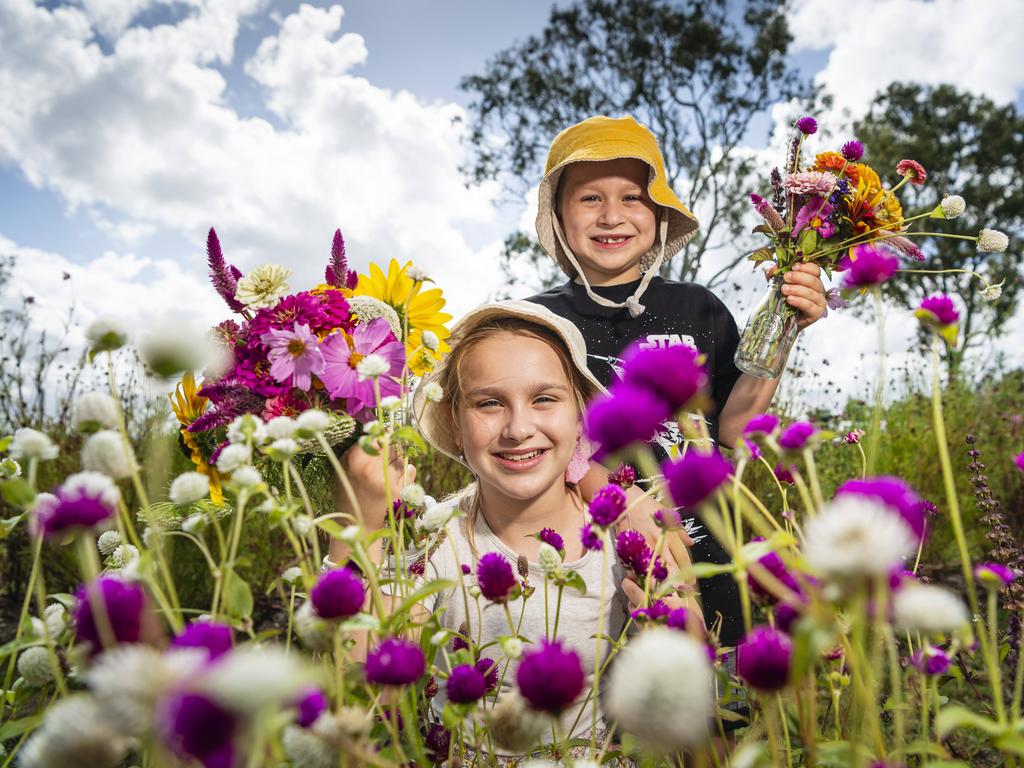 Violet and Theo Murray in the blooms as Karinya in the Valley host a pick your own flower session, Saturday, January 4, 2025. Picture: Kevin Farmer