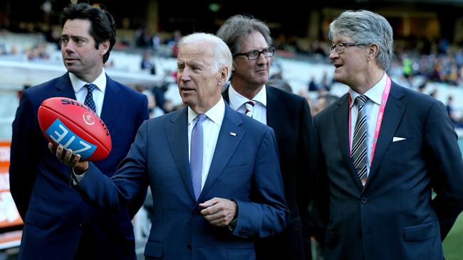 Joe Biden gets a tour from the AFL’s heavyweights. Picture: Mark Stewart