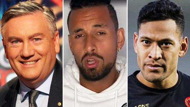 Eddie McGuire, Nick Kyrgios and Israel Folau all found themselves in the headlines for different reasons over the past few days. Picture: Supplied/AFP