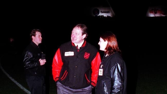 Essendon coach Kevin Sheedy out on the ground waiting for a decision on the game after the lights went out at Waverley Park.