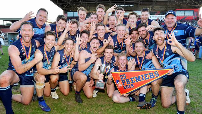 Glenunga celebrates its third straight flag after the division three grand final. Picture: AAP/Mark Brake