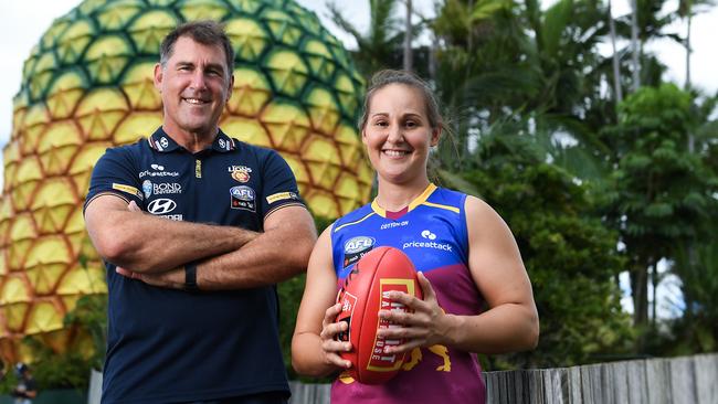 Coach Craig Starcevich and captain Breanna Koenen will lead reigning premier Brisbane into the AFLW season. Picture: Albert Perez/AFL Photos