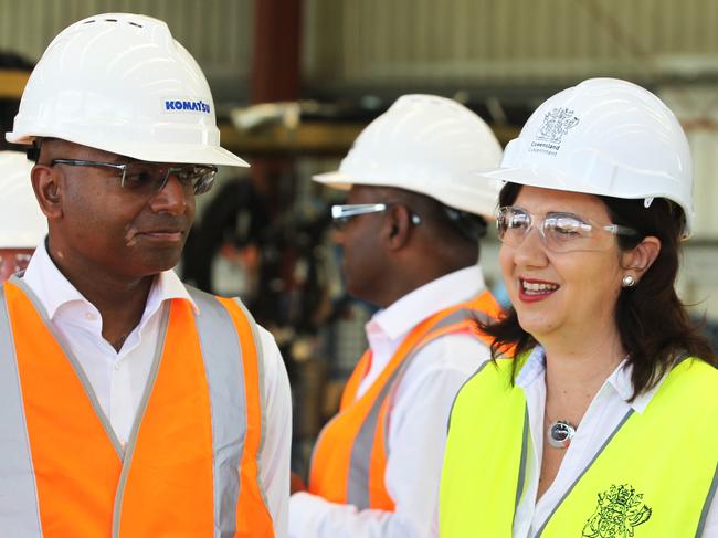 Adani  CEO Jeyakumar Janakara and Premier Annastacia Palaszczuk in Mackay to announce the go ahead of the Carmichael Mine by Indian company Adani. Pic Tim Marsden