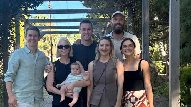 Former Melbourne captain Jack Trengove with Tom and Ruby McDonald, current captain Max Gawn and his wife Jess and Jack's wife Sarah Clements at Down The Rabbit Hole winery in McLaren Vale. Picture: Instagram