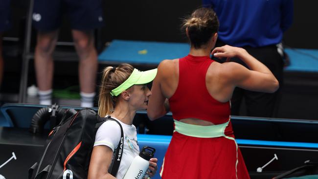 Ukrainian Lesia Tsurenko (L) refused to shake the hand of Belarusian Aryna Sabalenka after their match. Picture: Mark Stewart