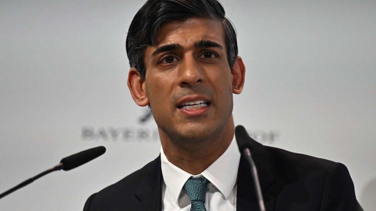 Britain's Prime Minister Rishi Sunak addresses participants at the Munich Security Conference (MSC) in Munich, Germany, Saturday, Feb. 18, 2023. Sunak is expected to call on world leaders to “double down” on support for Ukraine, saying arms and security guarantees are needed to protect the country and the rest of Europe from Russian aggression now and in the future. (Ben Stansall/Pool Photo via AP)