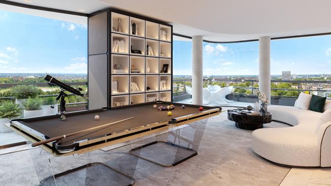 A classy pool room inside this penthouse which overlooks Hyde Park.