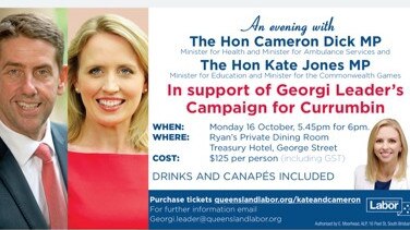 An invitation to an event to raise funds for Georgi Leader's campaign for Currumbin. Picture: Supplied