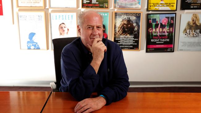 Music promoter Michael Gudinski in his Melbourne office. Picture: Stuart McEvoy