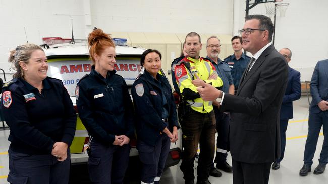 Victorian Premier Daniel Andrews meets paramedics at North Melbourne Ambulance station. Picture: Andrew Henshaw