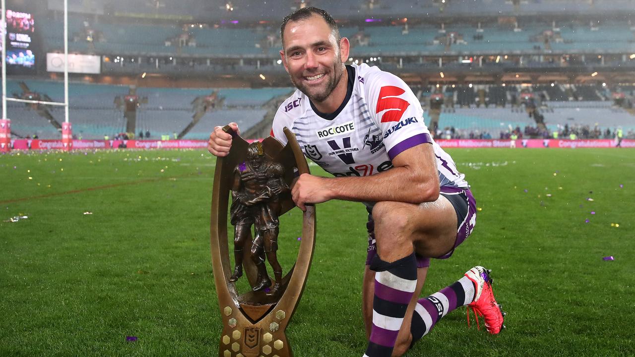 Cameron Smith poses with the Premiership trophy after winning the 2020 NRL Grand Final.