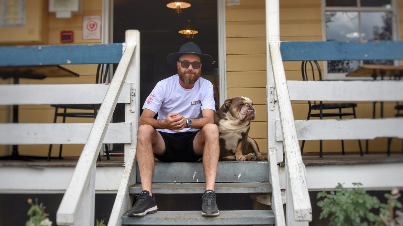 Goombungee pub owner Tom Gaslevich and his mascot and sidekick Henry. Picture: Peta McEachern