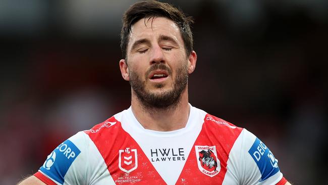 SYDNEY, AUSTRALIA - SEPTEMBER 07: Ben Hunt of the Dragons reacts during the round 27 NRL match between St George Illawarra Dragons and Canberra Raiders at Netstrata Jubilee Stadium, on September 07, 2024, in Sydney, Australia. (Photo by Mark Metcalfe/Getty Images)