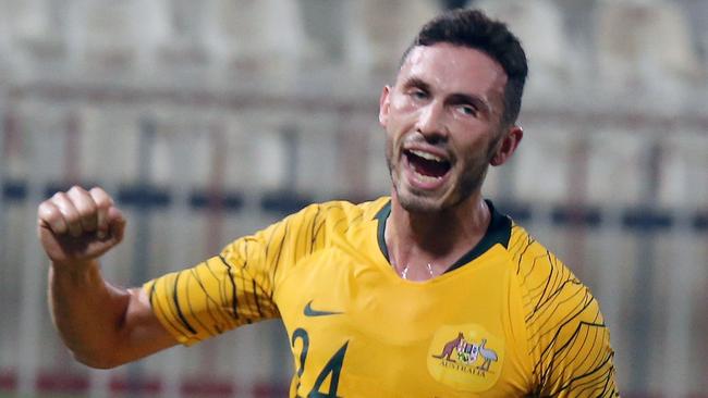 Australia's Apostolos Giannou celebrates after scoring a goal against Kuwait. PIcture: AFP