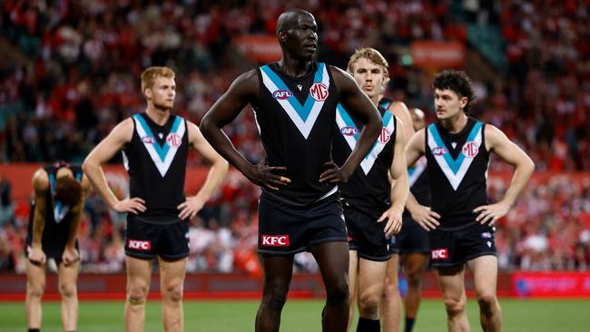 Aliir Aliir, front, after the Power’s preliminary final loss to Sydney at the SCG. (Photo by Michael Willson/AFL Photos via Getty Images)