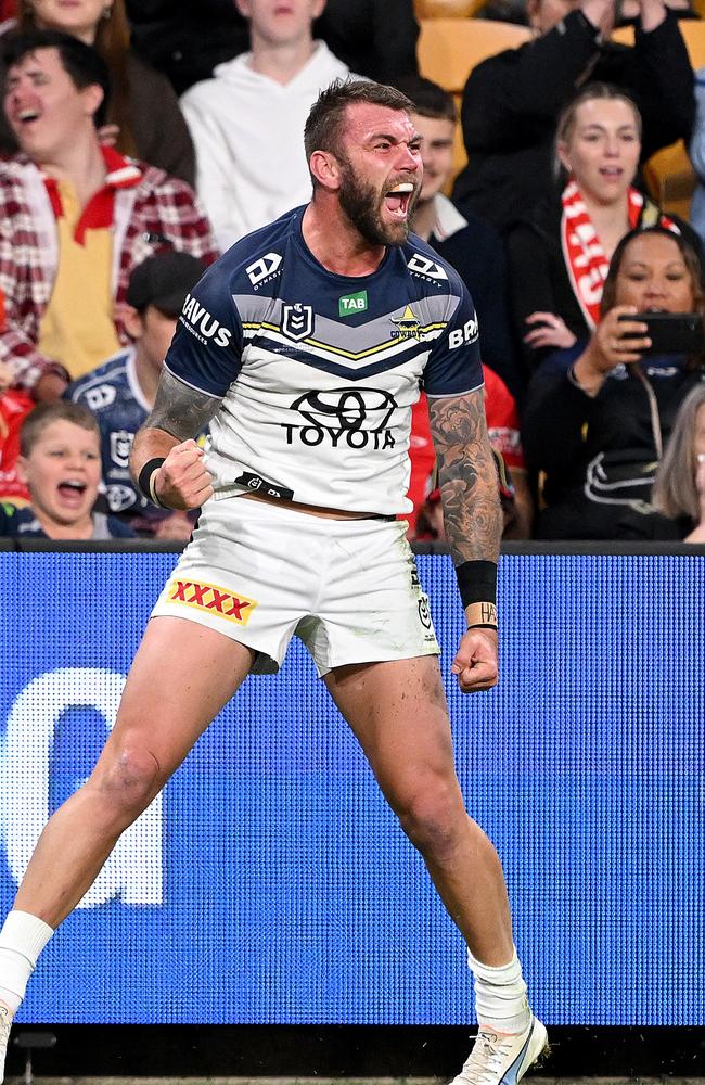 Kyle Feldt celebrates after scoring a try during round 26. (Photo by Bradley Kanaris/Getty Images)