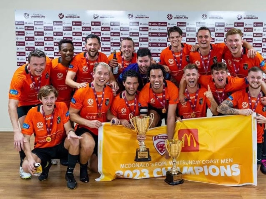 Whitsunday United men celebrate the championship. Picture: Supplied.