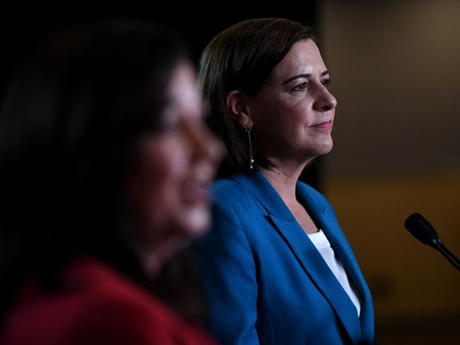 Premier Annastacia Palaszczuk (left) and Opposition Leader Deb Frecklington at yesterday’s debate. Picture: Dan Peled/NCA NewsWire