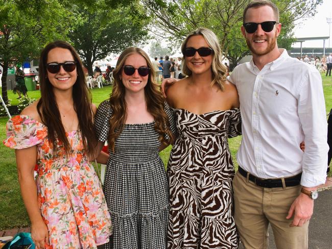 Jade Hubben, Bjork Heiskari, Taylah McConachy and Hugh Robertson enjoying all the action at the Ladbrokes Cranbourne Cup on Saturday, November 23, 2024. Picture: Jack Colantuono