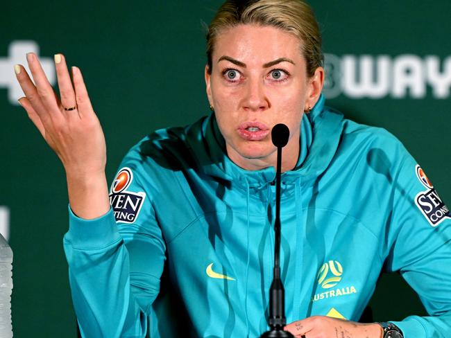 BRISBANE, AUSTRALIA - AUGUST 04: Alanna Kennedy speaks to the media after an Australia Matildas training session at the FIFA Women's World Cup Australia & New Zealand 2023 at Queensland Sport and Athletics Centre on August 04, 2023 in Brisbane, Australia. (Photo by Bradley Kanaris/Getty Images)