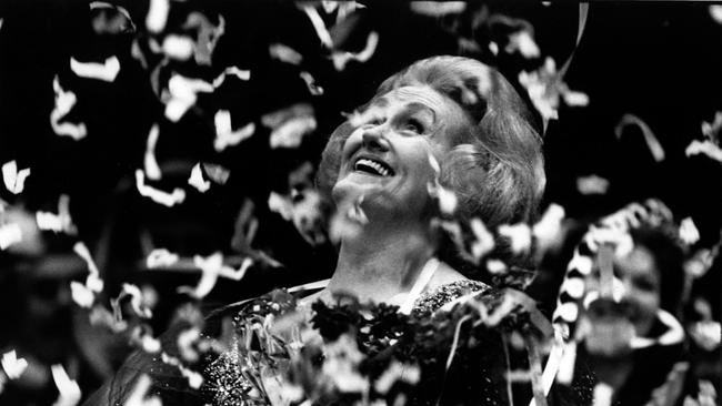 Opera singer Dame Joan Sutherland is showered with streamers following her farewell performance at the Sydney Opera House 02/10/1990. Picture: Colin Murty