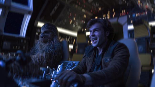 Alden Ehrenreich, right, and Joonas Suotamo as Chewie. (Jonathan Olley/Lucasfilm via AP)