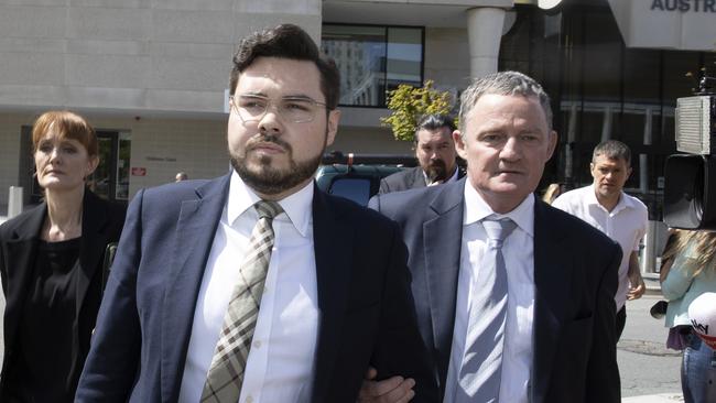 Bruce Lehrmann (left) leaves the Magistrates Court in Canberra with defence lawyer Steve Whybrow (right). Picture: NCA NewsWire / Gary Ramage