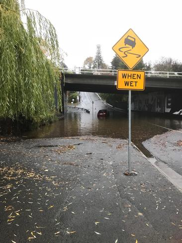 Flooding in Lynton Avenue South Hobart. Picture: CERI FLOWERS