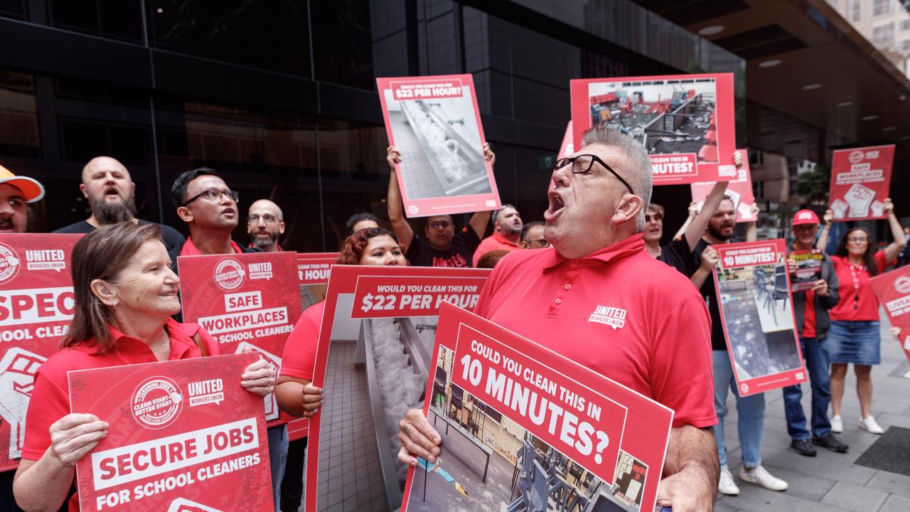 School cleaners and the United Workers Union protested outside Dominic Perrottet’s office on Tuesday to demand better working conditions. Dave Malley fires up the crowd. Picture: NCA NewsWire / David Swift