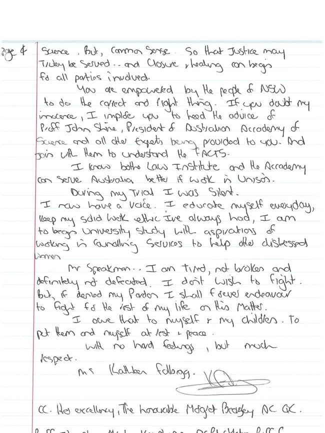 Convicted baby killer Kathleen Folbigg has written to NSW Attorney General Mark Speakman calling on him to "soften your heart" and grant her a pardon based on new scientific evidence she claims clears her.