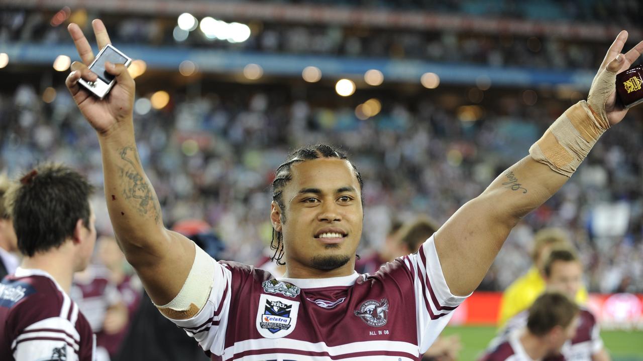 Steve Matai celebrates Manly’s grand final win over the Storm