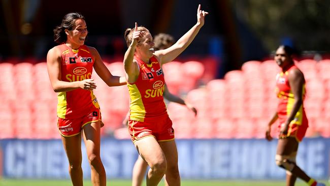 Jamie Stanton celebrates one of her six goals. Picture: Albert Perez/AFL Photos via Getty Images